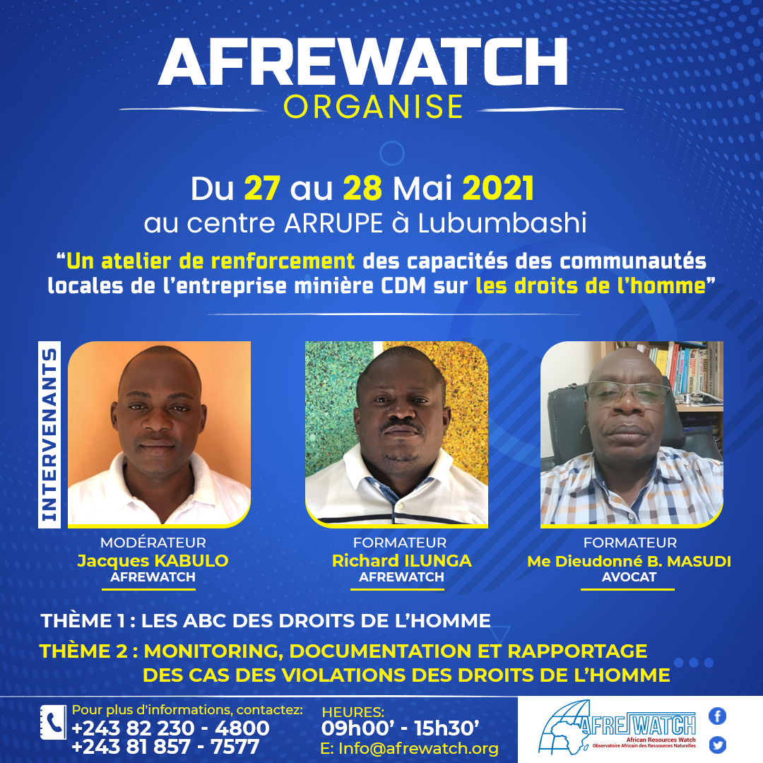 AFREWATCH  organise Du 27 au 28 Mai 2021  au centre ARRUPE à Lubumbashi