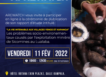 AFREWATCH organise ce vendredi 11 février 2022 à Kinshasa la publication de son rapport d’étude.