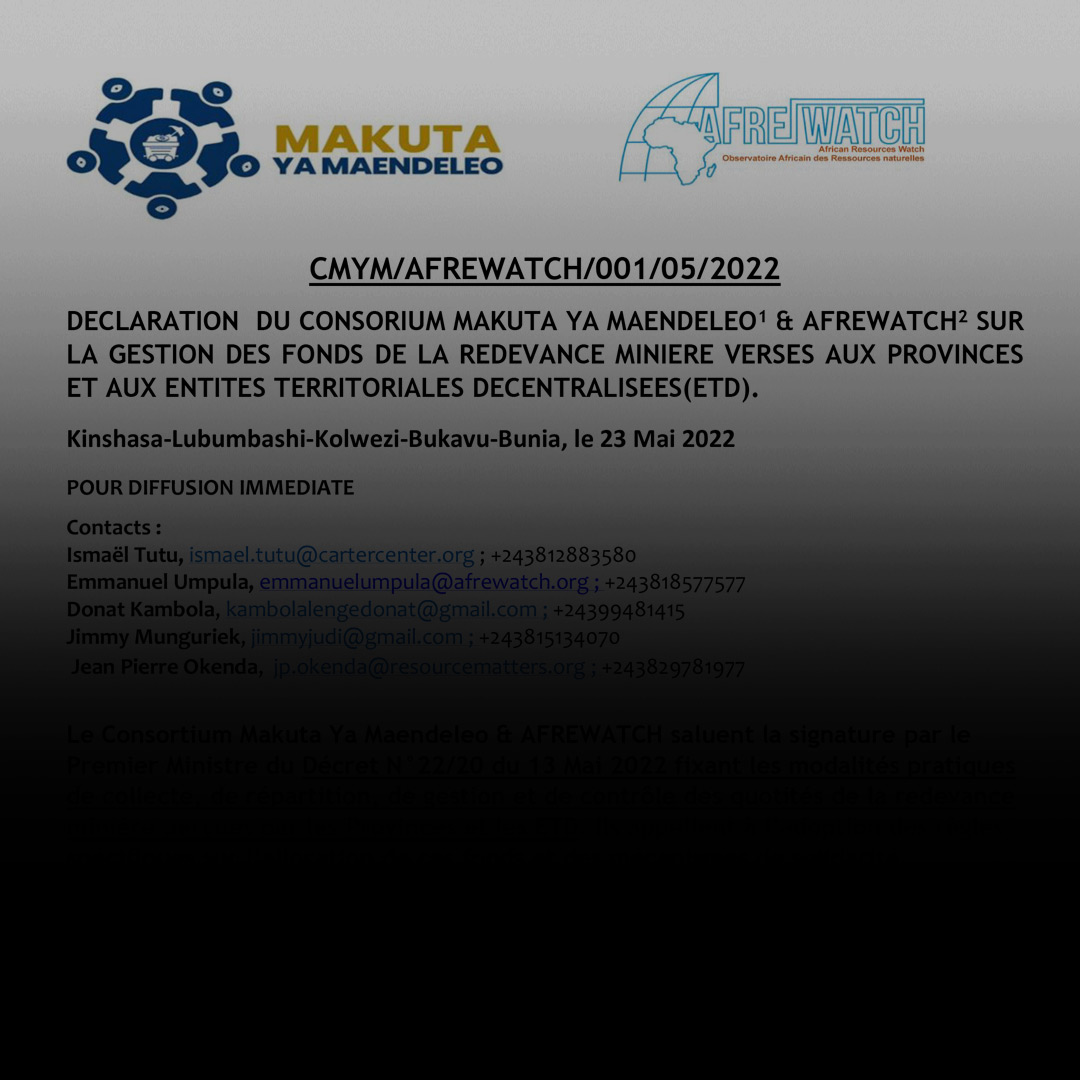 Le Consortium Makuta Ya Maendeleo & AFREWATCH saluent la signature par le Premier Ministre
