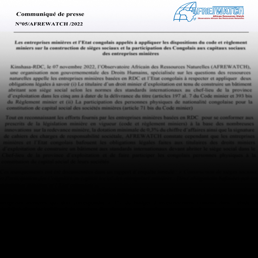 Press release: Mining companies and the Congolese State called upon to apply the provisions of the mining code and regulations on the construction of head offices and the participation of Congolese in the share capital of mining companies