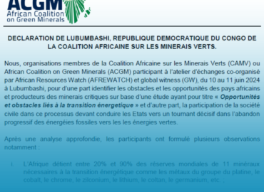 Déclaration de Lubumbashi, République Démocratique du Congo de la coalition africaine sur les minerais verts.