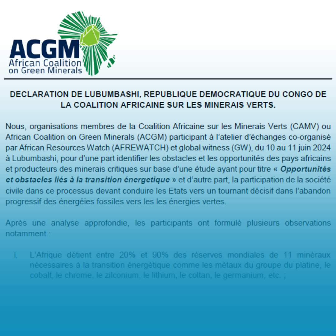 Déclaration de Lubumbashi, République Démocratique du Congo de la coalition africaine sur les minerais verts.