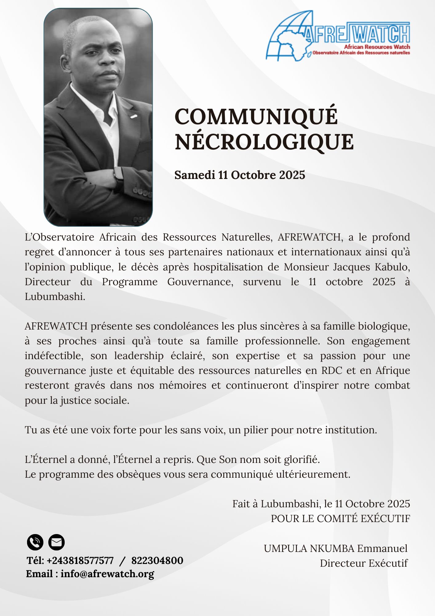 COMMUNIQUÉ NÉCROLOGIQUE – Jacques Kabulo