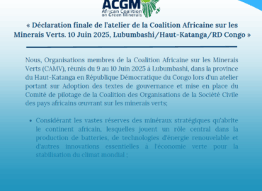 Déclaration finale de l’atelier de la Coalition Africaine sur les Minerais Verts. 10 Juin 2025, Lubumbashi/Haut-Katanga/RD Congo
