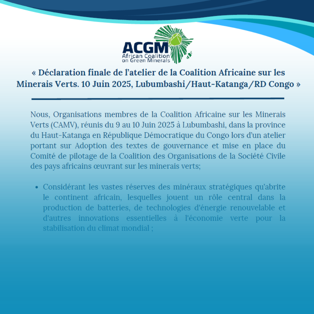 Déclaration finale de l’atelier de la Coalition Africaine sur les Minerais Verts. 10 Juin 2025, Lubumbashi/Haut-Katanga/RD Congo