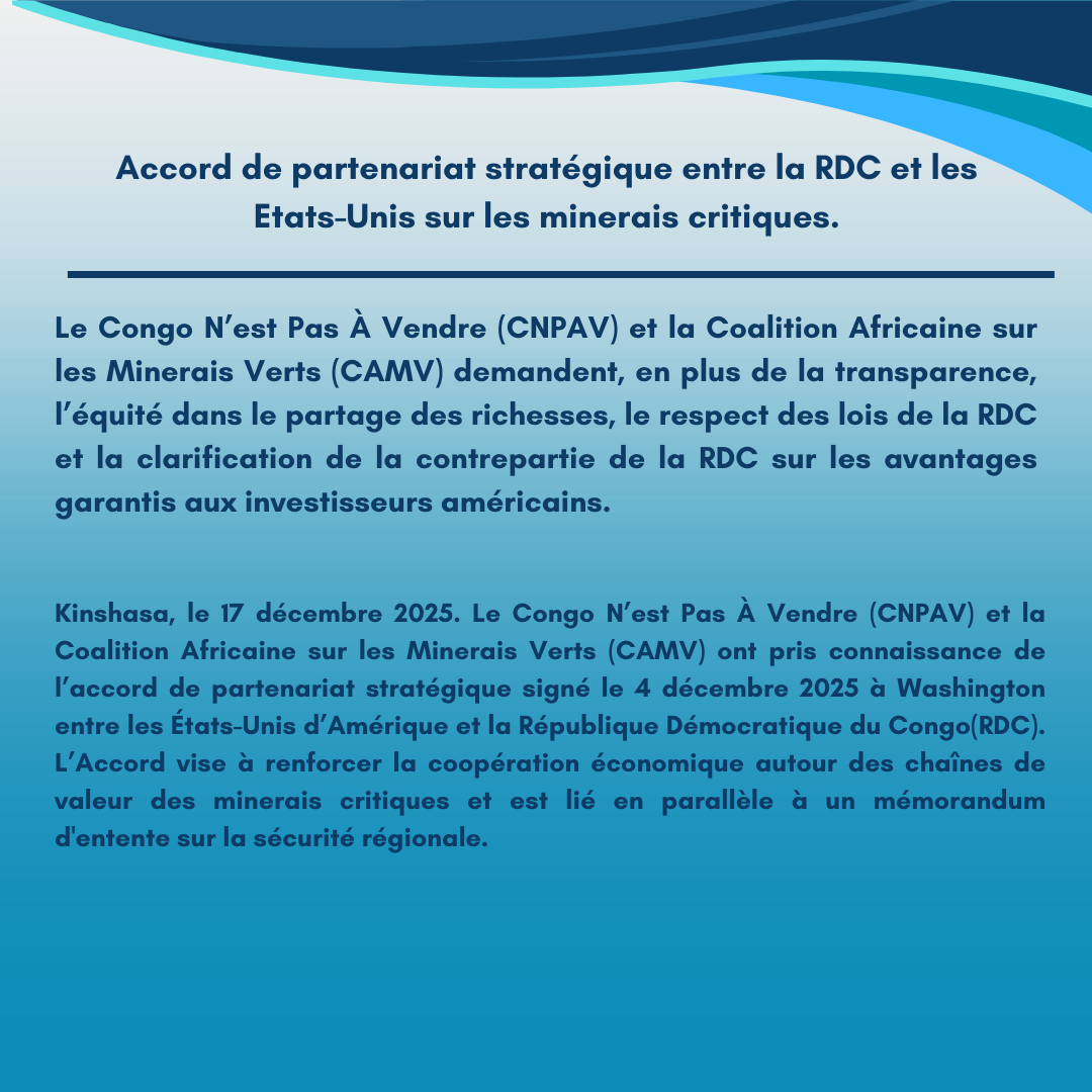 Accord de partenariat stratégique entre la RDC et les Etats-Unis sur les minerais critiques.