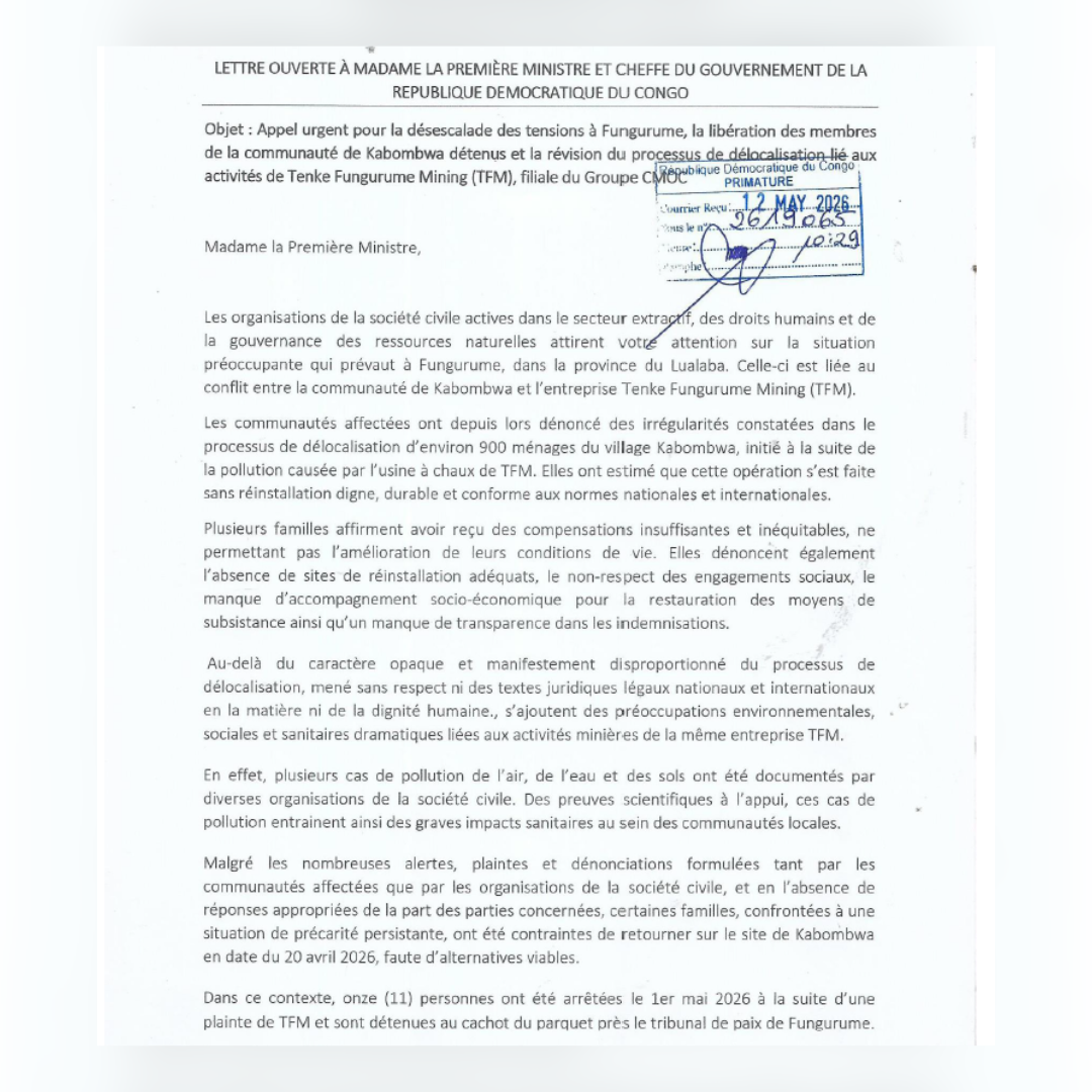 Arrestations de 11 leaders du village Kabombwa à Fungurume : Lettre ouverte à la Première Ministre de la République Démocratique du Congo
