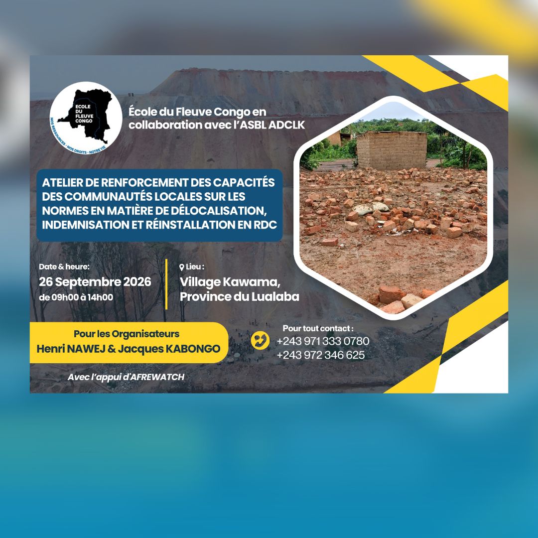 Atelier de renforcement des capacités sur les normes applicables en matière de délocalisation, d’indemnisation et de réinstallation en RDC.
