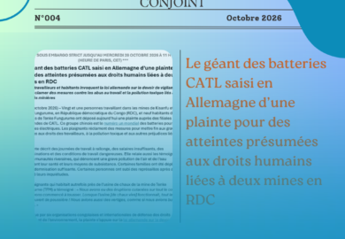 Communiqué de presse Conjoint N004 – Le géant des batteries CATL saisi en Allemagne d’une plainte pour des atteintes présumées aux droits humains liées à deux mines en RDC